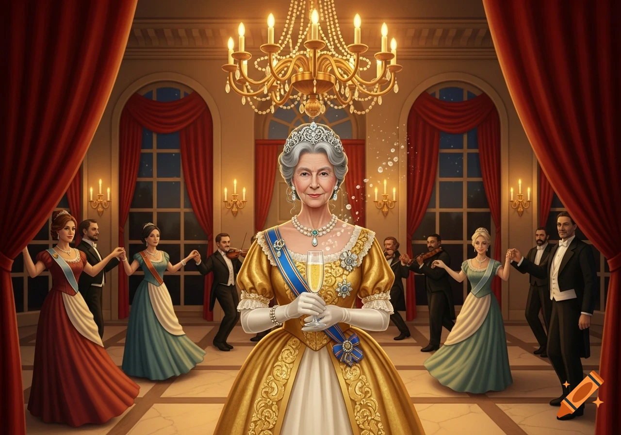 A regal queen in a golden gown holds a champagne flute, surrounded by dancing couples and musicians in a grand, candlelit ballroom.