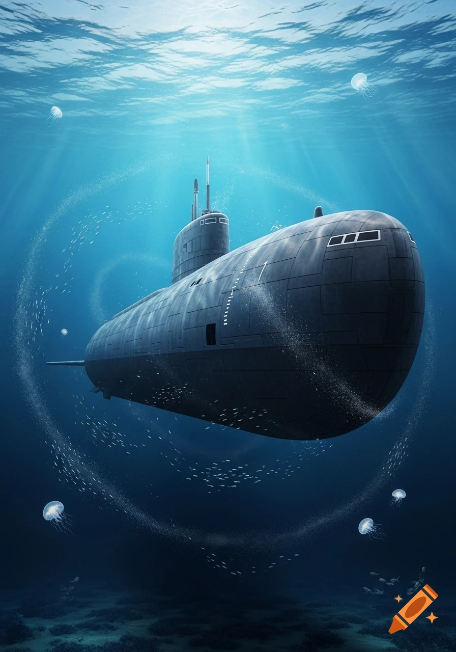 A large dark submarine navigates deep blue ocean waters, surrounded by schools of small fish and jellyfish.