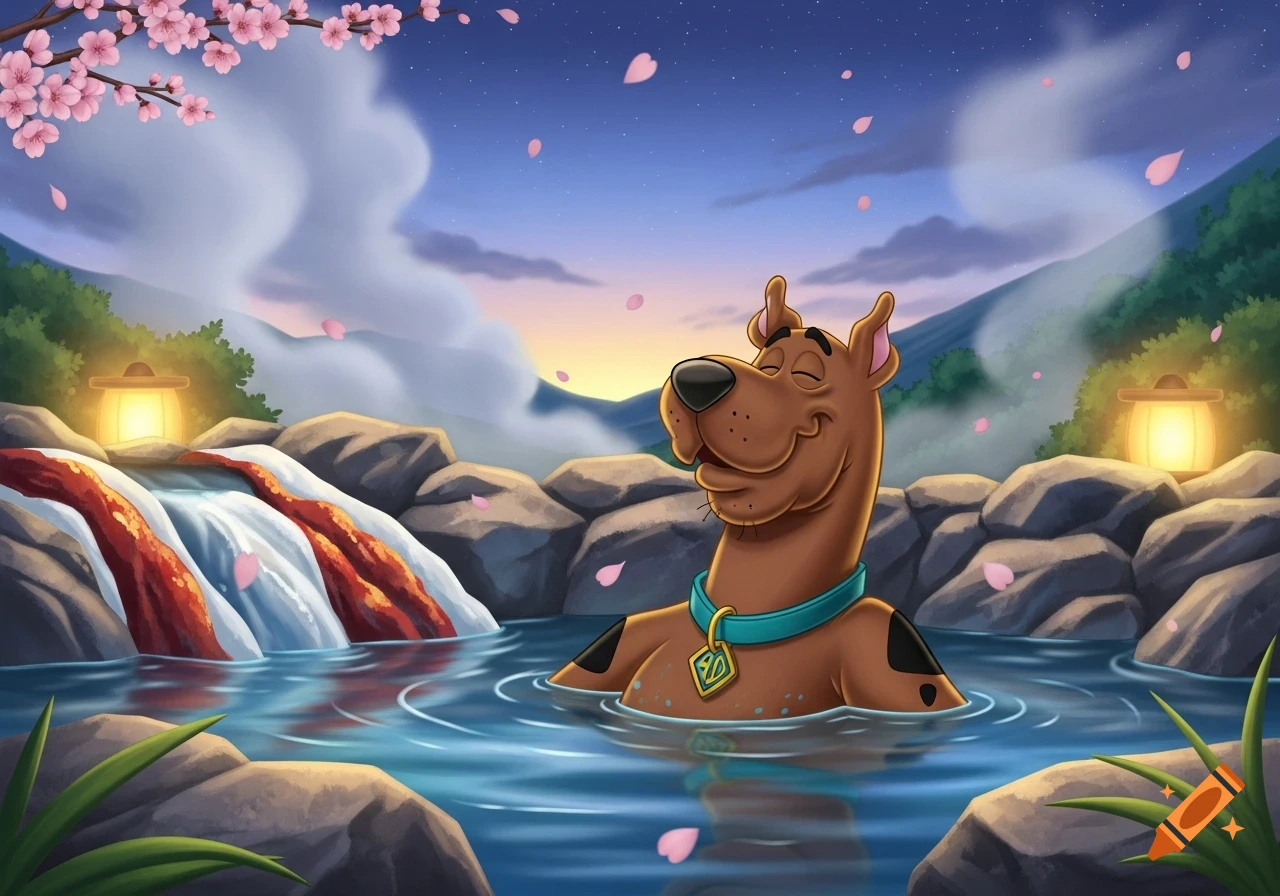 Scooby-Doo relaxing in a hot spring bath with cherry blossoms falling at sunset in a cartoon style.