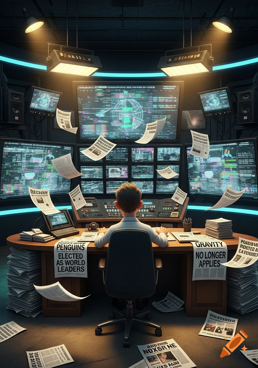 A person sits at a desk in a dark, tech-filled control room, surrounded by glowing data screens and floating newspapers with fake headlines.