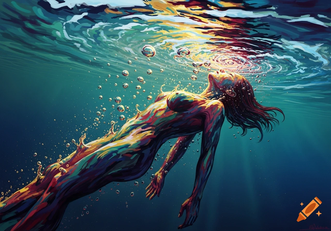 Stylized art of a person with a colorful body floating underwater, looking up at the light filtering through the surface with bubbles.