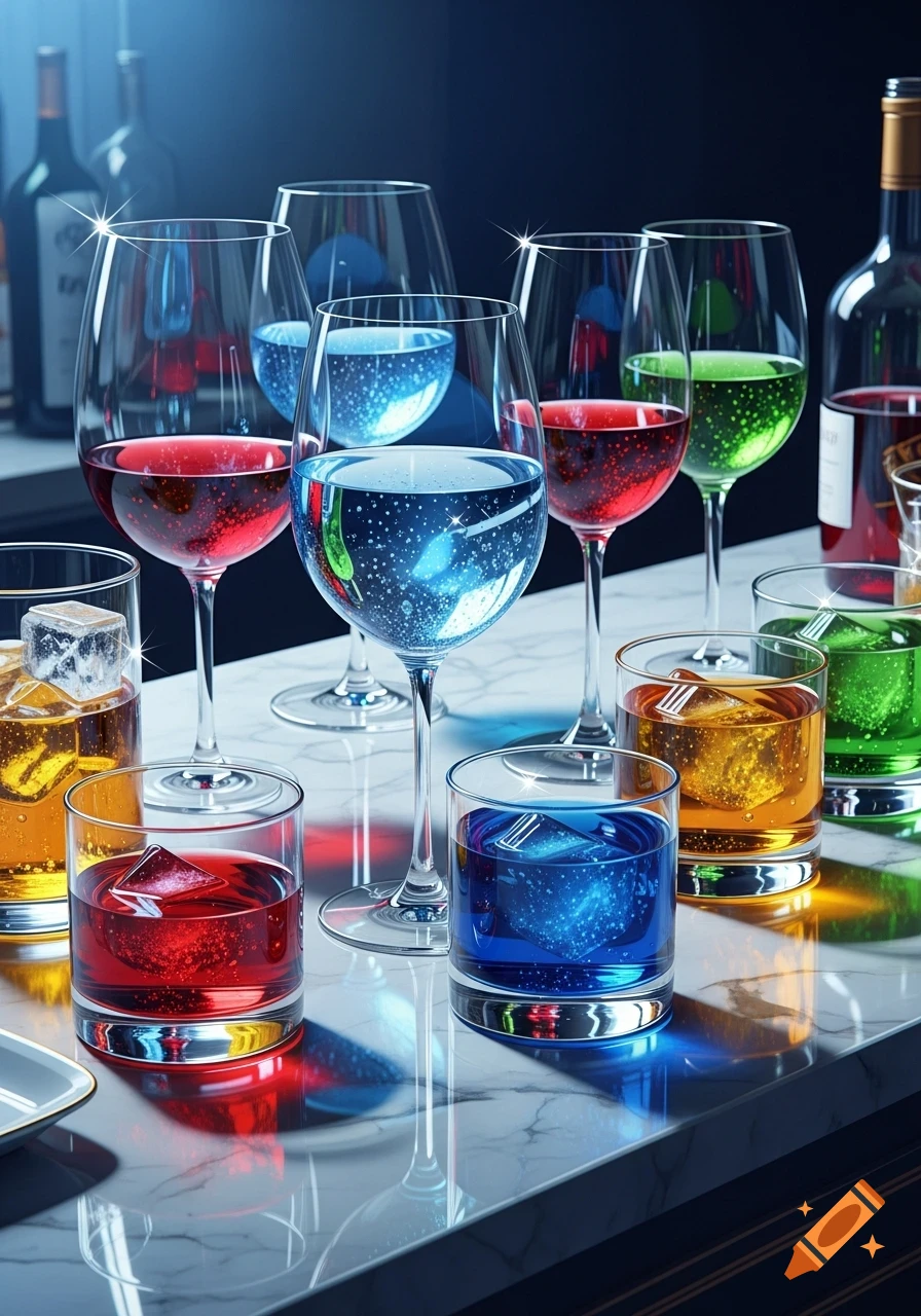 Various colorful cocktails and wines in different glasses on a shiny marble bar, with bottles in the background.