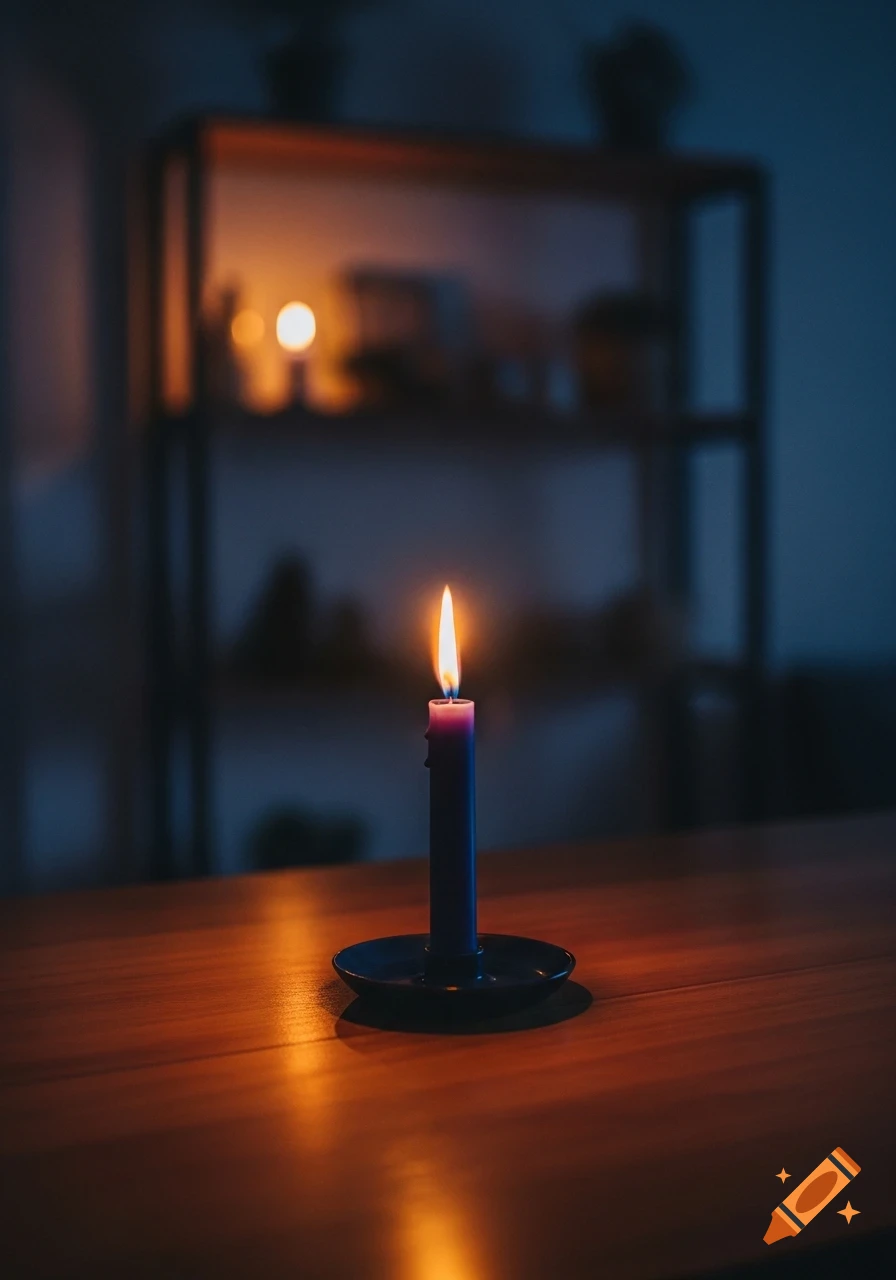 A purple candle burns with a bright flame on a wooden table in a dimly lit room, with a blurred shelf in the background.
