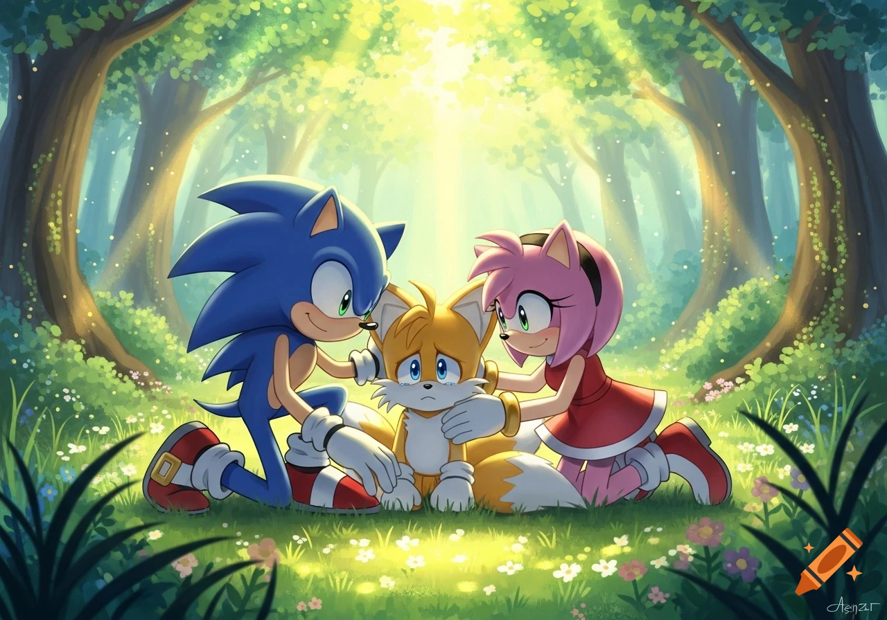 Sonic and Amy Rose comfort a sad, crying Tails in a bright, sun-dappled forest, cartoon style.