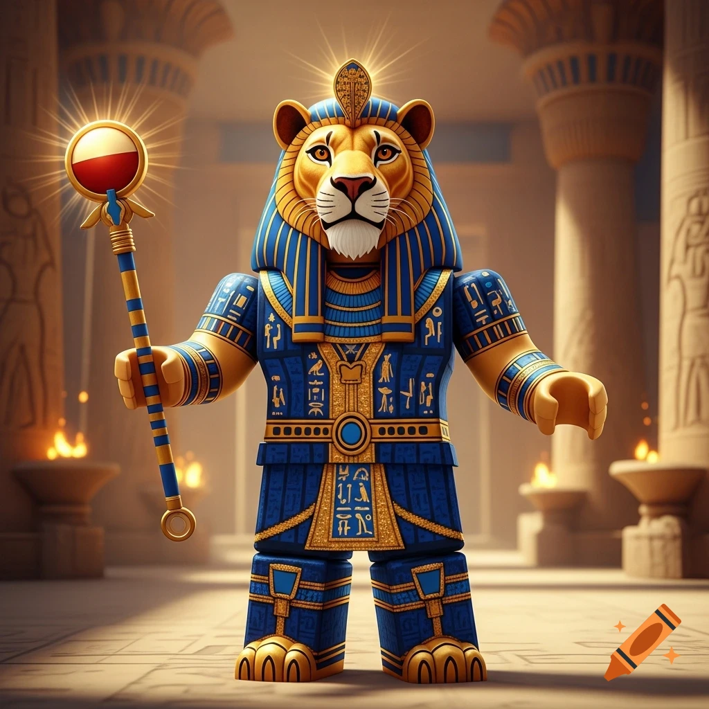 Roblox-style lion-headed figure in blue and gold ancient Egyptian attire, holding a shining staff in a grand temple.