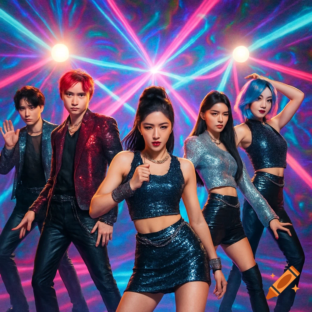 Five people in sparkling outfits pose on a vibrant stage with radiating lights, like a K-pop group.