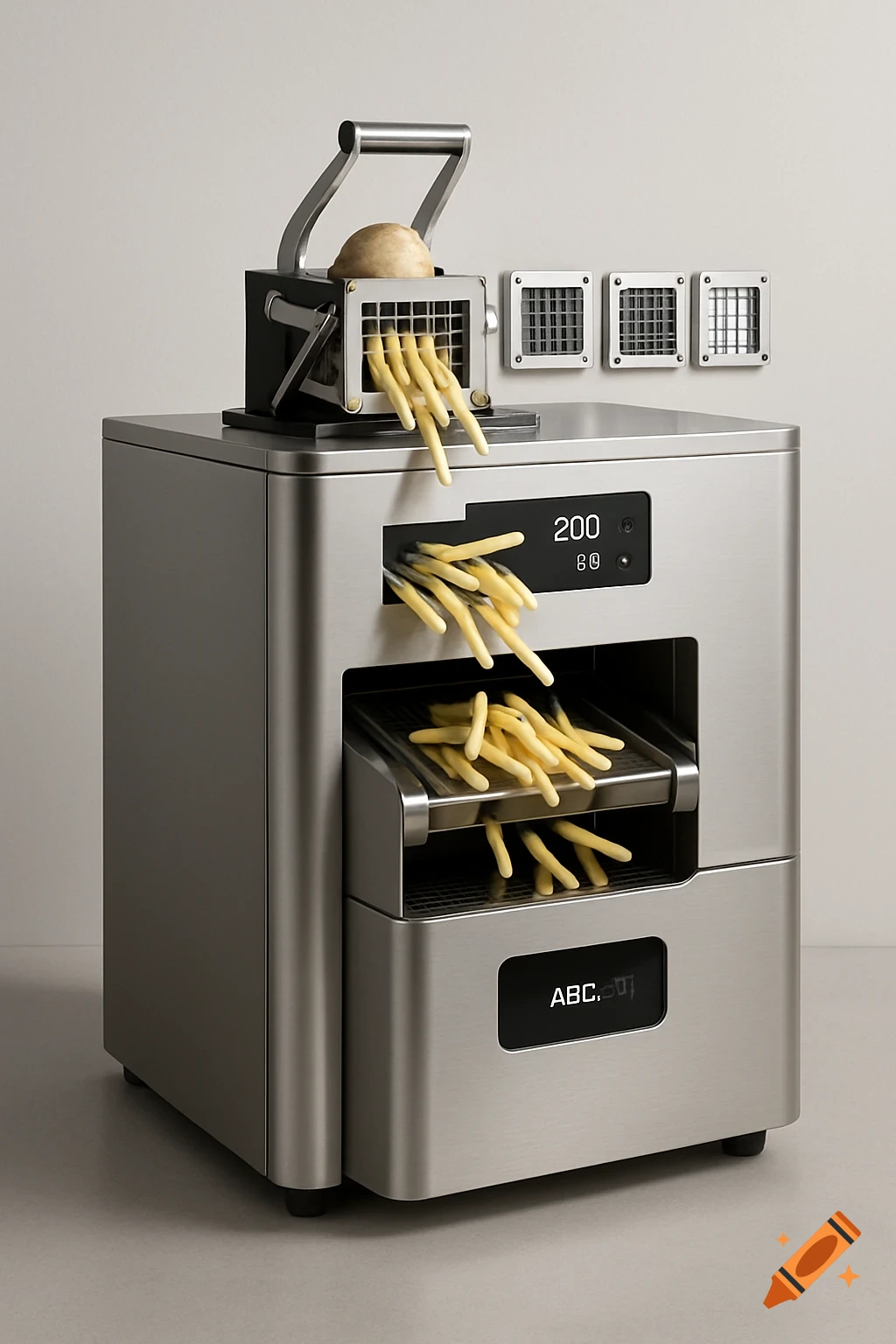 A stainless steel commercial air fryer with a potato cutter on top, dropping raw fries into the machine. A digital display shows "200" and "80", and a lower panel reads "ABC.J".