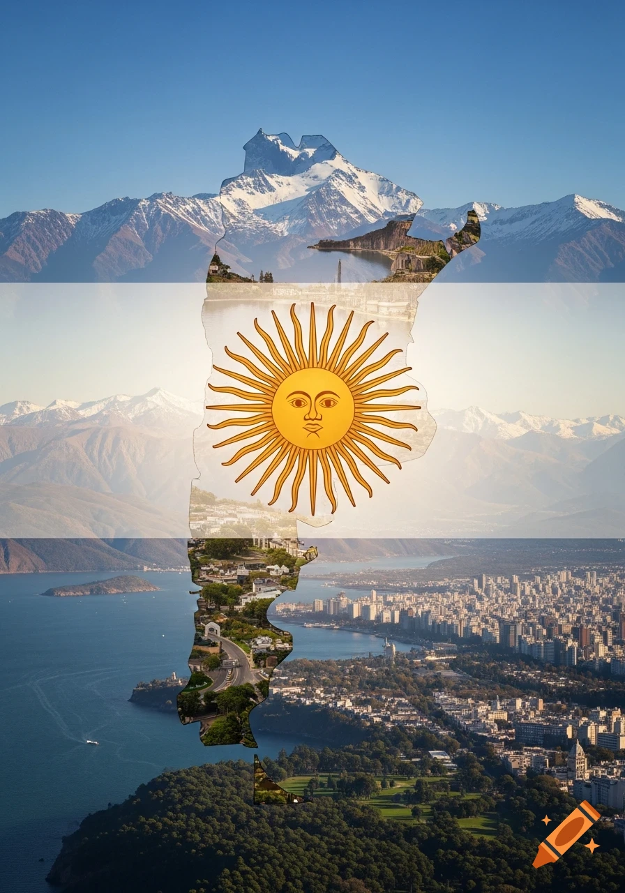 Map silhouette of Argentina displaying the sun symbol from its flag, superimposed over varied landscapes including snow-capped mountains and a coastal city.
