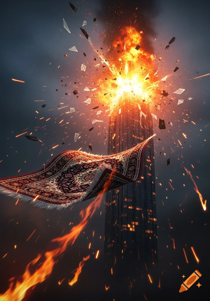 A detailed flying Persian rug hovers dramatically in front of a skyscraper exploding with fire and shattered glass against a dark sky.