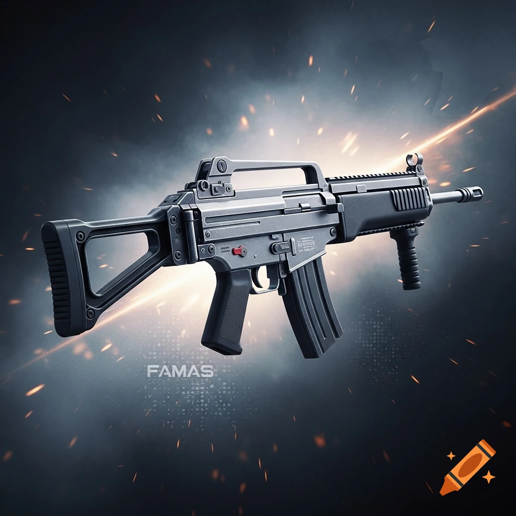 Photorealistic image of a dark grey assault rifle with a carrying handle, set against a smoky background with light trails and sparks.