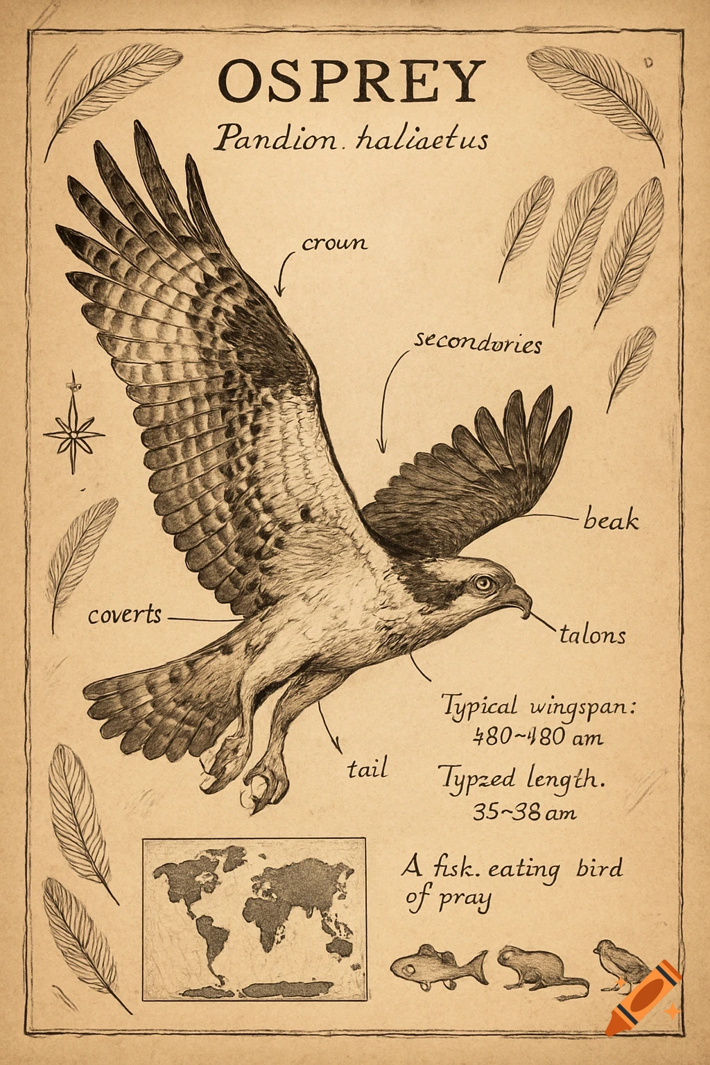 Vintage ink sketch of an osprey with wings spread on textured paper. It's a scientific diagram with labels, a world map, and diet icons.