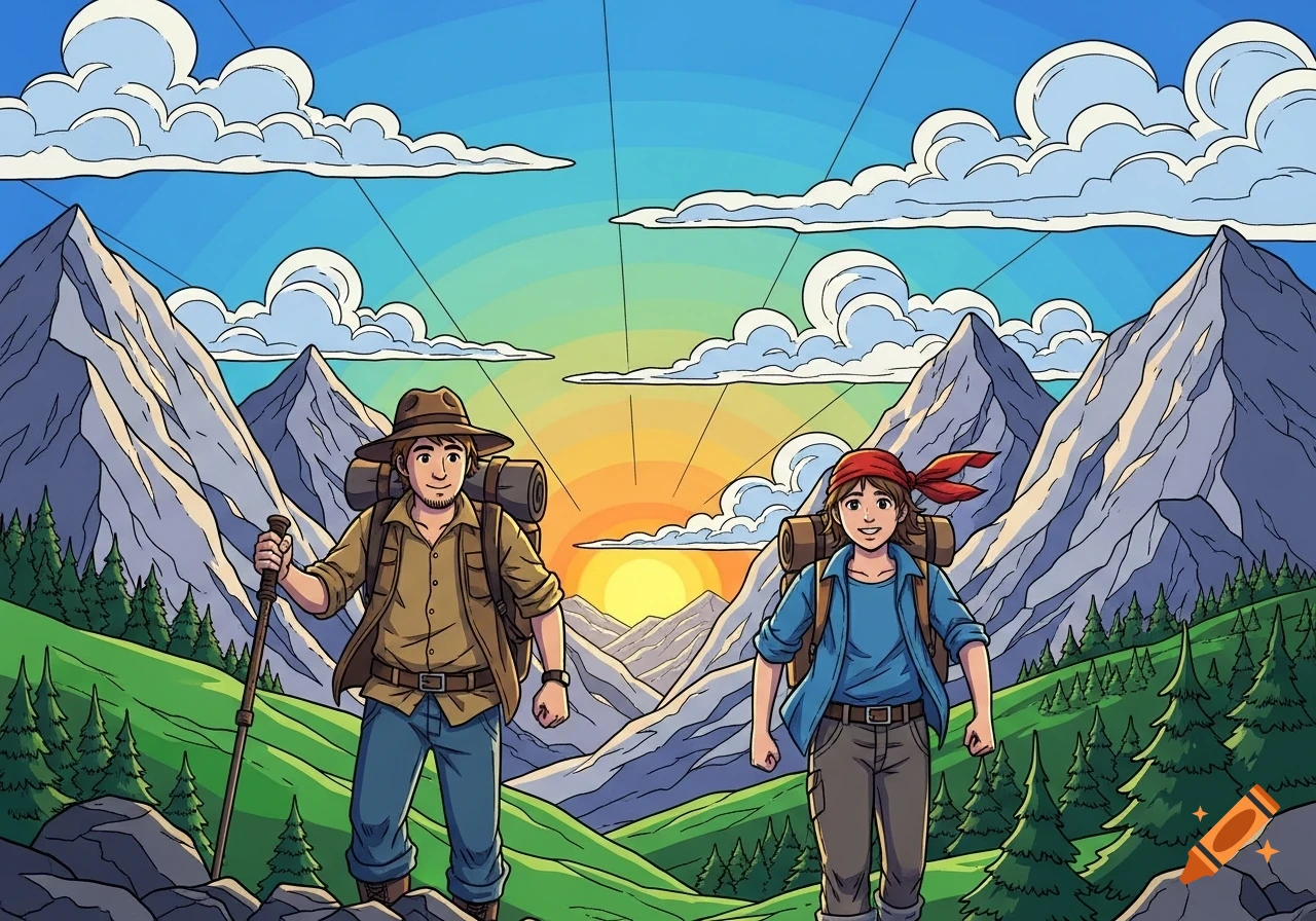 Two cartoon hikers stand in a mountain valley with backpacks and a walking stick, under a vibrant sunrise sky in comic style.