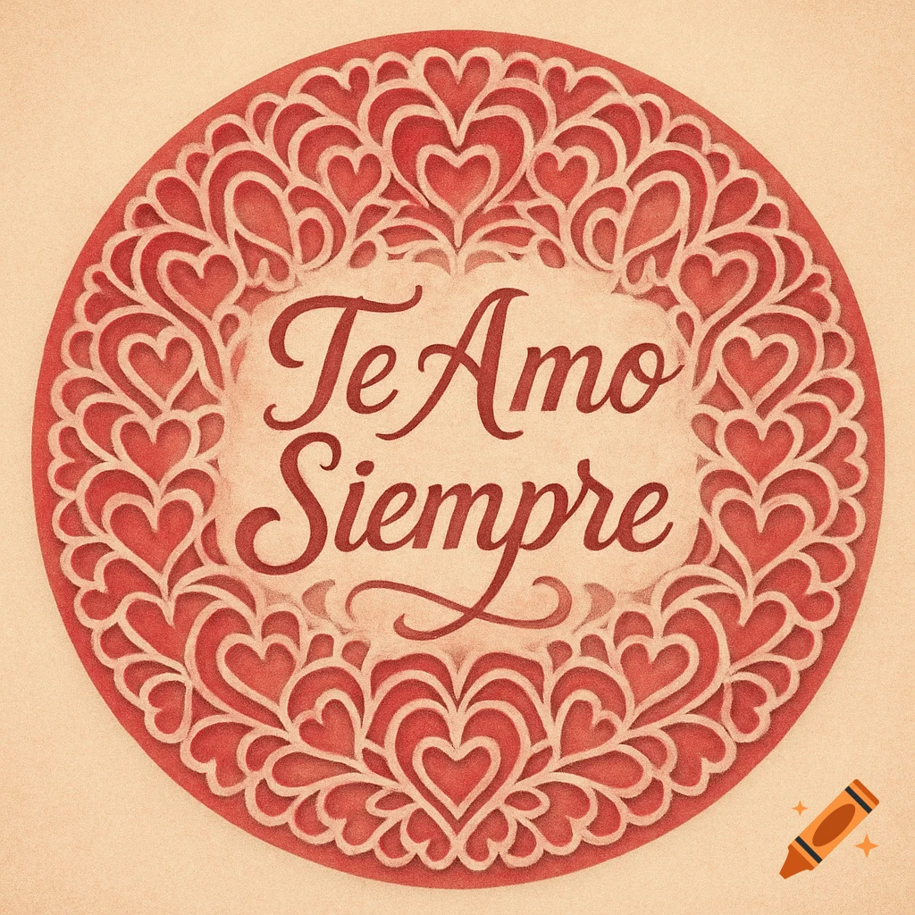 Round red decorative stencil art of intricate hearts with 'Te Amo Siempre' (I Love You Always) text in the center.
