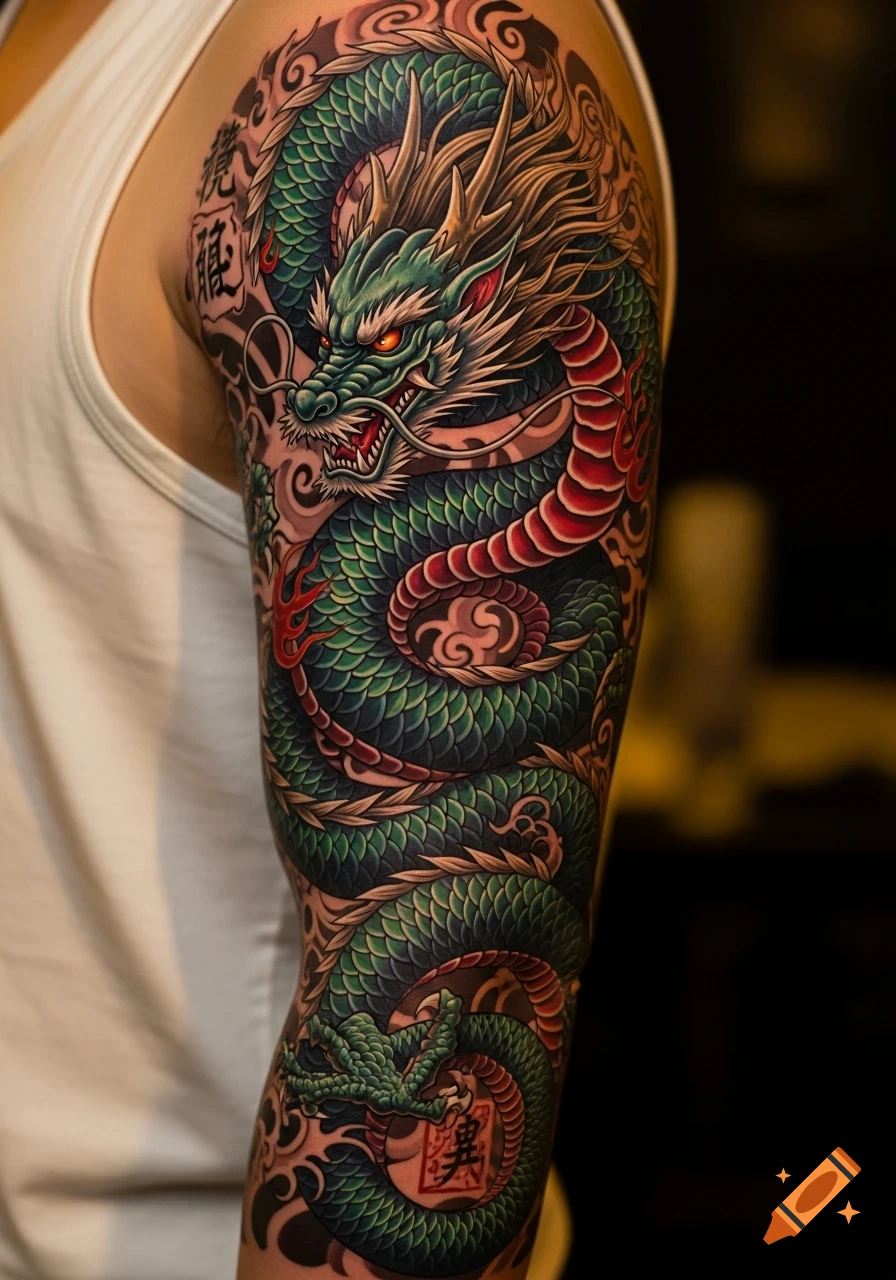 A colorful intricate green and red dragon tattoo covers a person's upper arm and shoulder, styled in a Japanese art form.