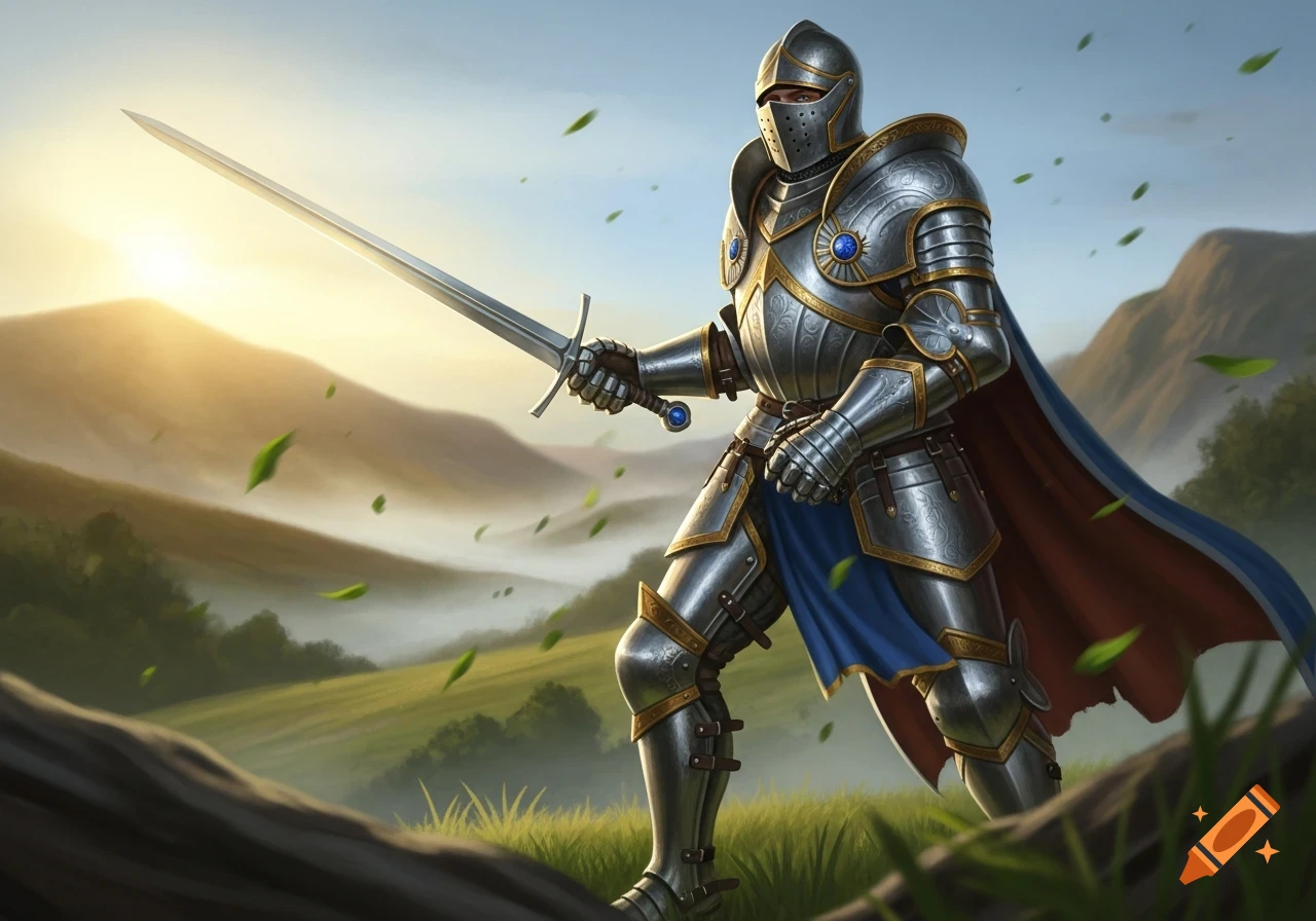 A knight in shining full plate armor stands in a misty, green mountainous landscape at sunset, holding a long sword.