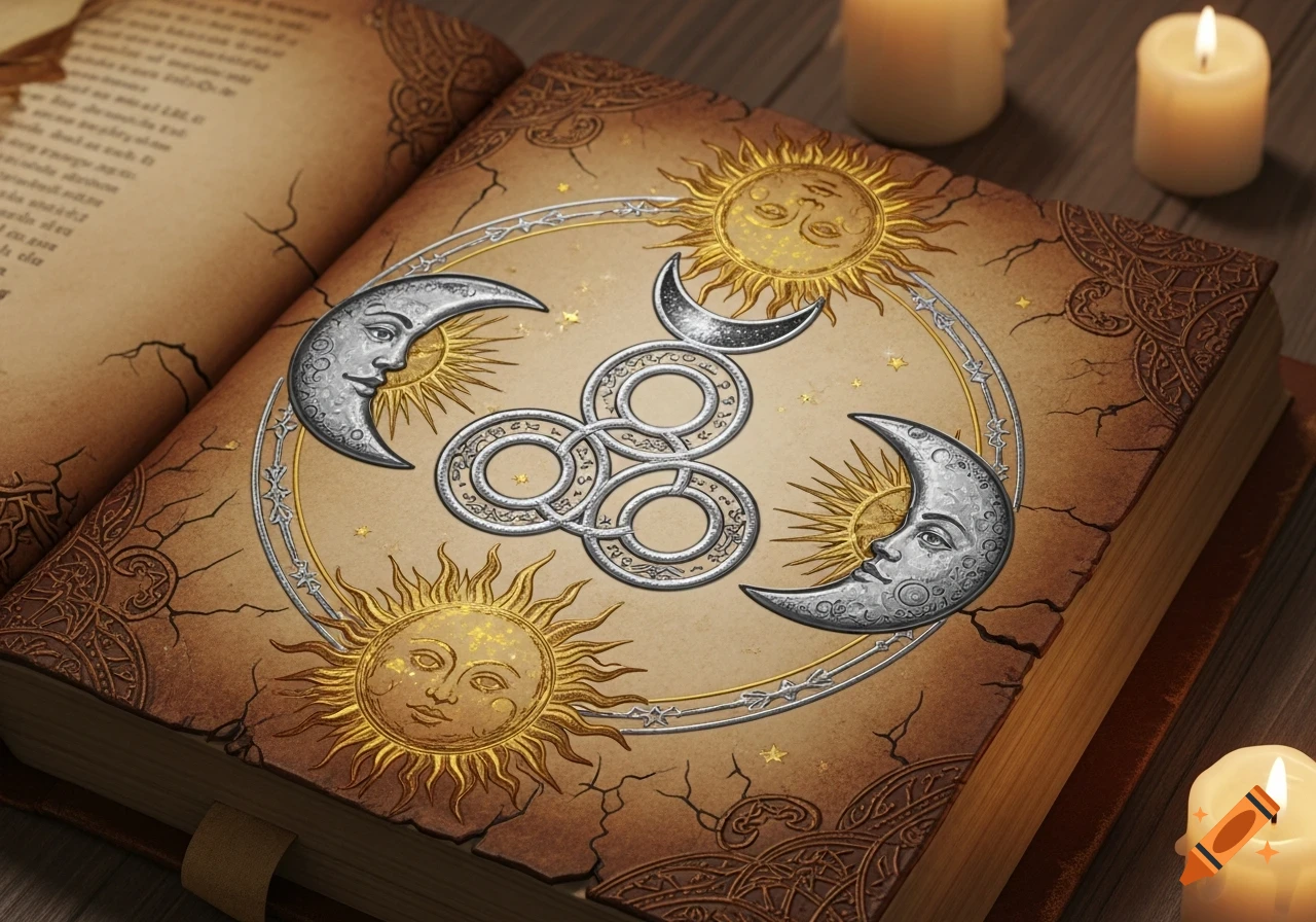 An ancient open book with a decorated cover featuring silver and gold sun and moon symbols and an alchemical mercury symbol, with lit candles nearby.