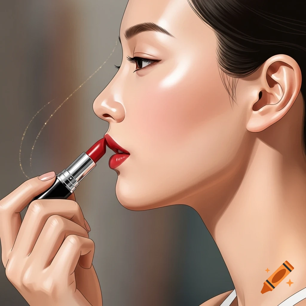 Side profile illustration of a woman applying red lipstick.