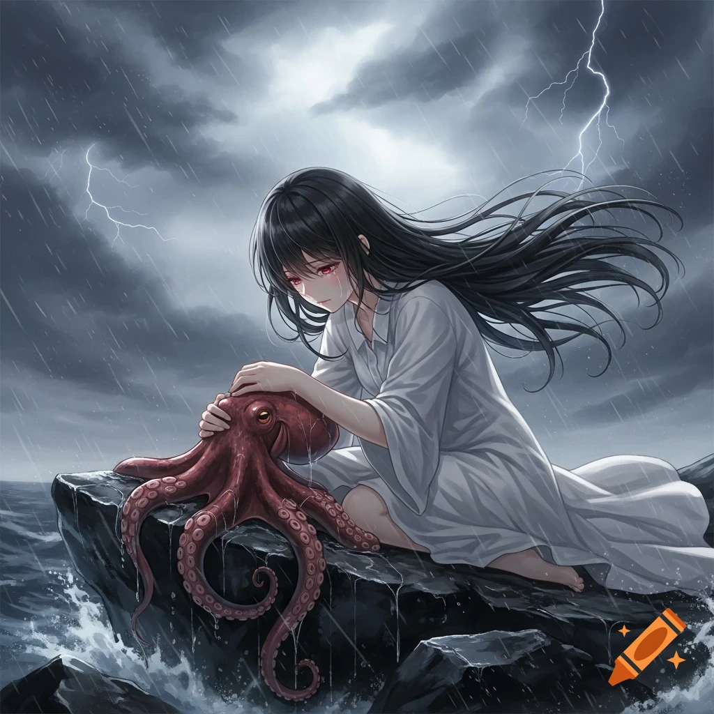 A sad anime woman with long black hair and red eyes hugs a red octopus on a rock during a stormy night by the ocean.