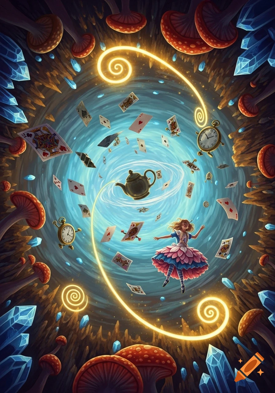 Alice in Wonderland falls headfirst into a vibrant, fantastical vortex filled with playing cards, clocks, mushrooms, and blue crystals.