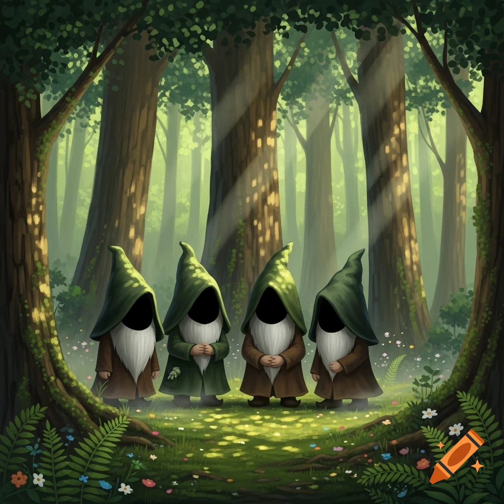 Four gnomes with obscured faces, white beards, and green hats stand in a sun-dappled forest clearing with flowers. Digital art.
