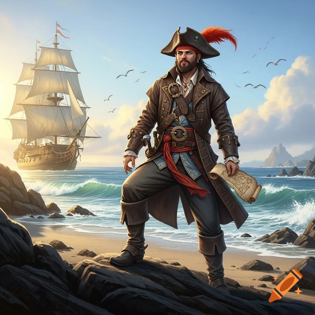 A rugged pirate with a beard and feathered hat stands on a rocky beach, holding a scroll, a large sailing ship behind him on the ocean.