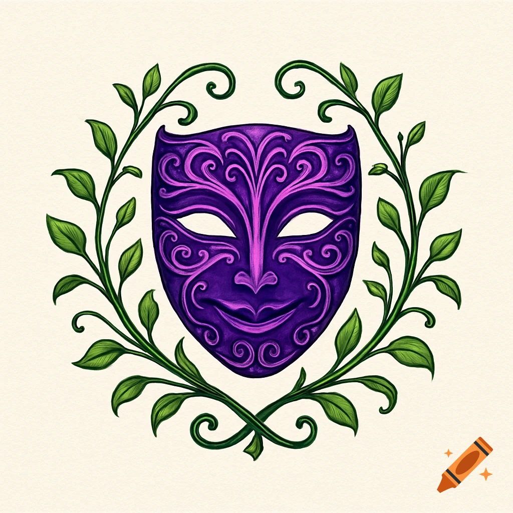 A stylized purple theatre mask with ornate swirling patterns, framed by a wreath of green leaves, on a light background.