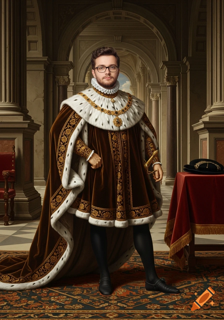 A man in a brown velvet robe with gold embroidery and a fur-lined cape stands in a grand Renaissance palace hall.