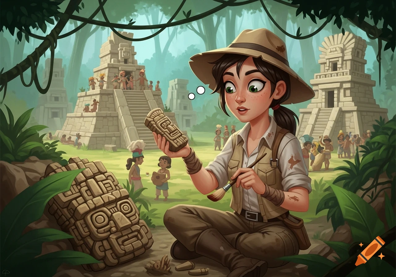 Cartoon archaeologist sitting in a jungle, examining a Mayan artifact with a brush, with ancient pyramids and people in the background.