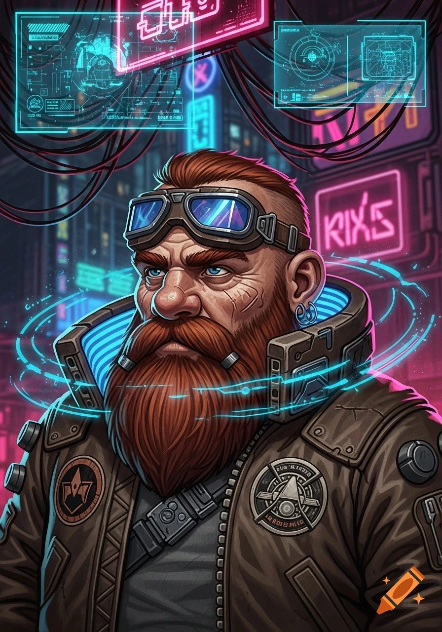 Illustrated cyberpunk portrait of a dwarf with a red beard, goggles, and bomber jacket in a neon-lit city.