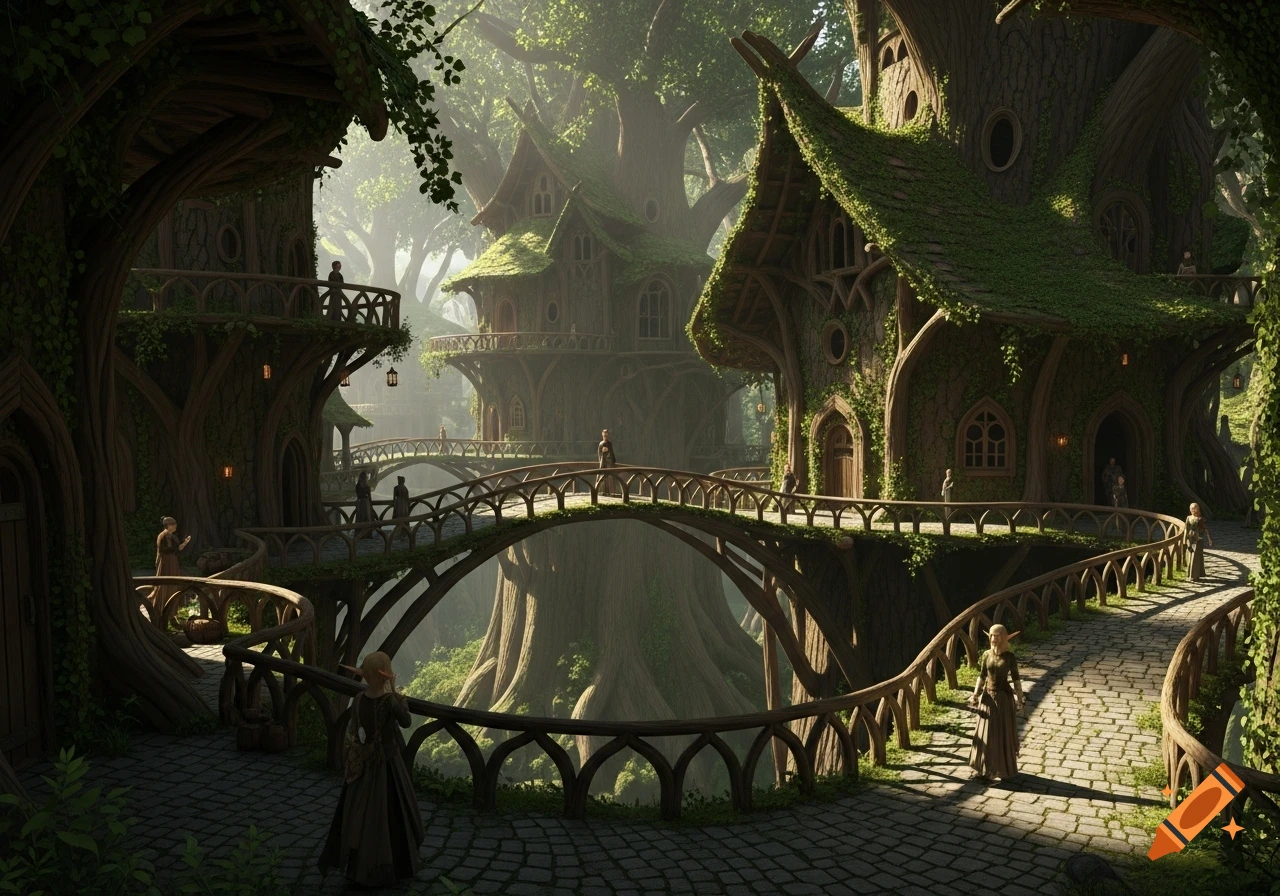 A realistic fantasy town of wood elves with tree-houses and bridges in a sunlit, lush forest.