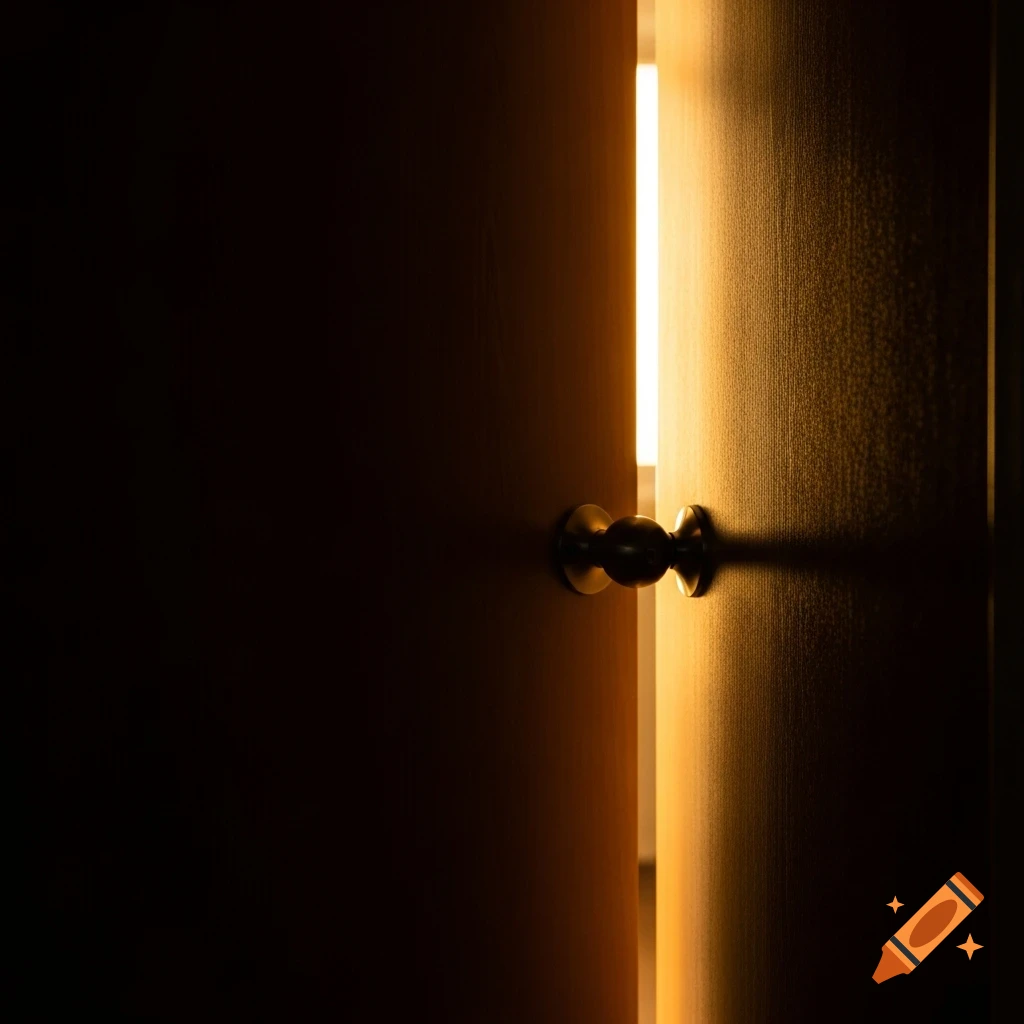 A wooden door slightly ajar with warm golden light spilling from the inside.