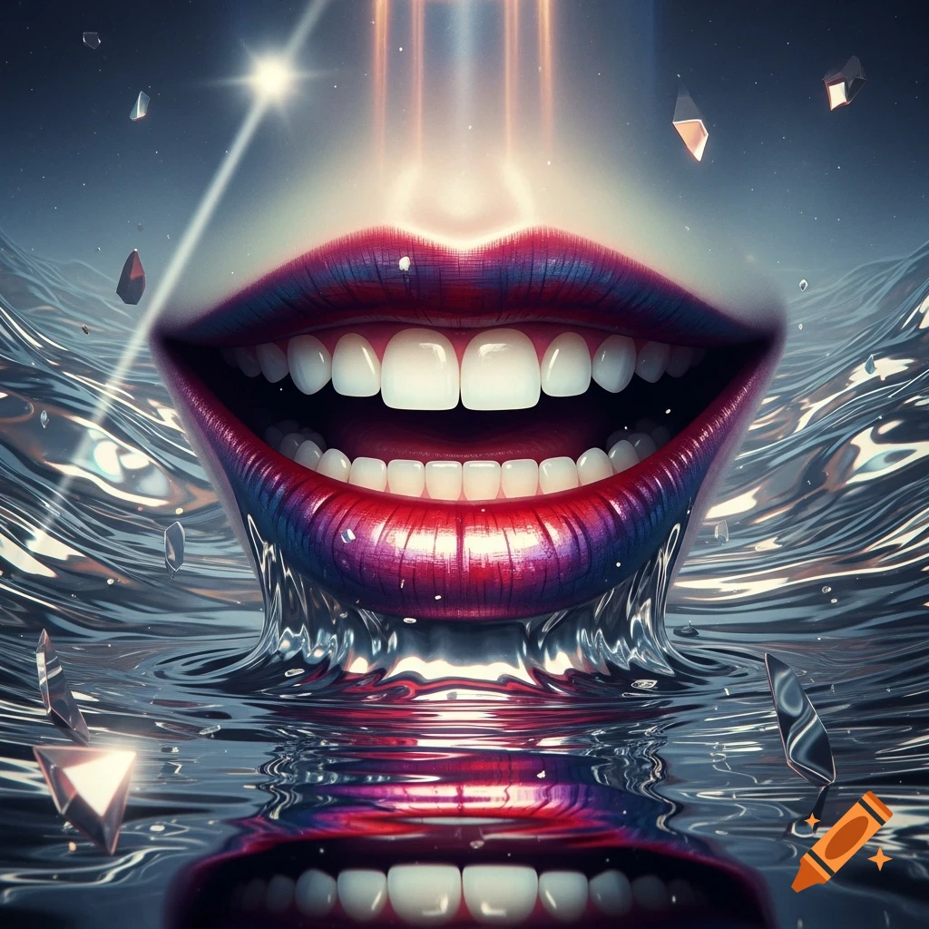 A surreal giant mouth with glossy red and purple lips and white teeth emerging from a metallic liquid surface with glowing lights and shards.