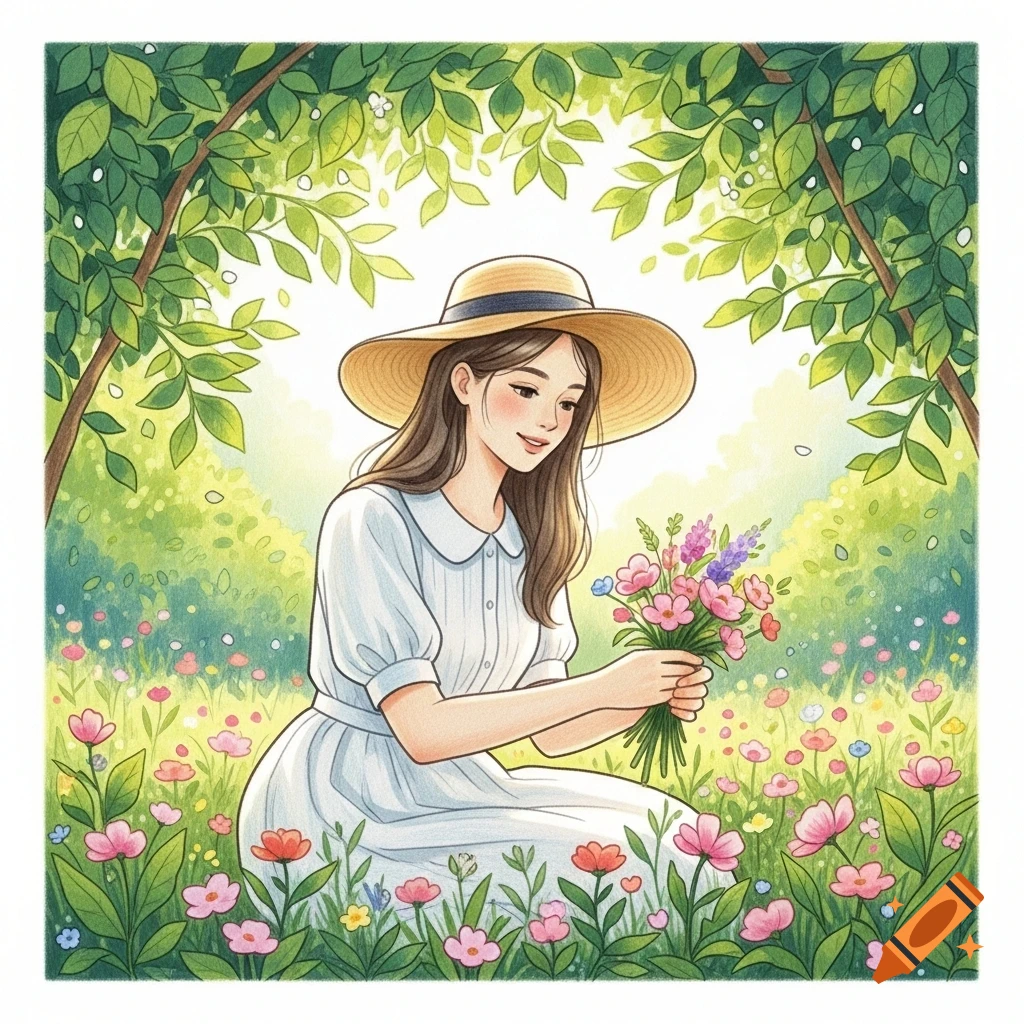 A girl in a straw hat and white dress kneels in a field of colorful flowers, holding a bouquet, in an illustration style.