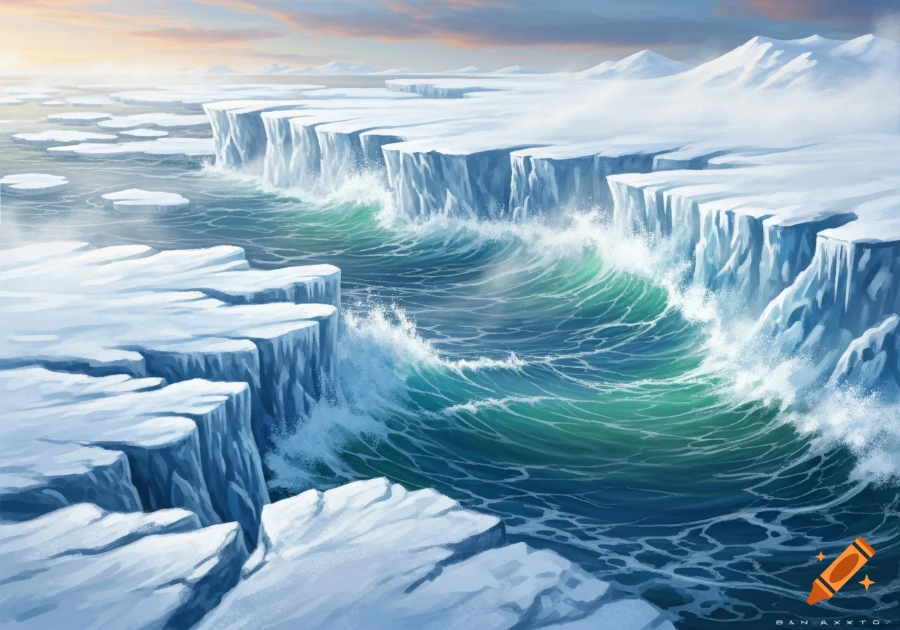 Digital painting of massive ice cliffs bordering a churning turquoise ocean with waves crashing. Distant ice floes and mountains.
