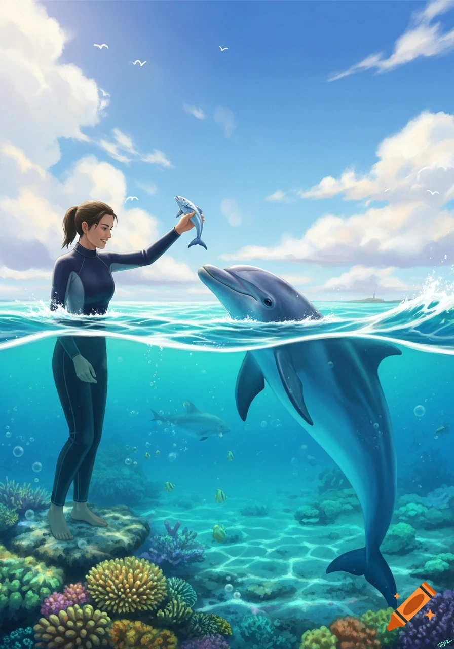 A woman in a wetsuit stands in clear ocean water, feeding a fish to a dolphin, with colorful coral and another dolphin below the surface.