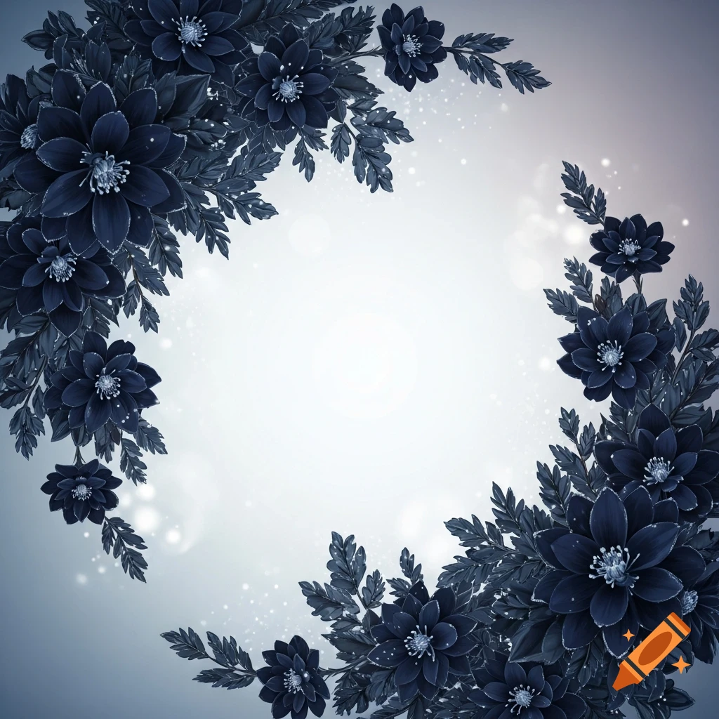 Dark navy blue flowers and leaves form decorative borders on the top left and bottom right corners of a sparkling white background.