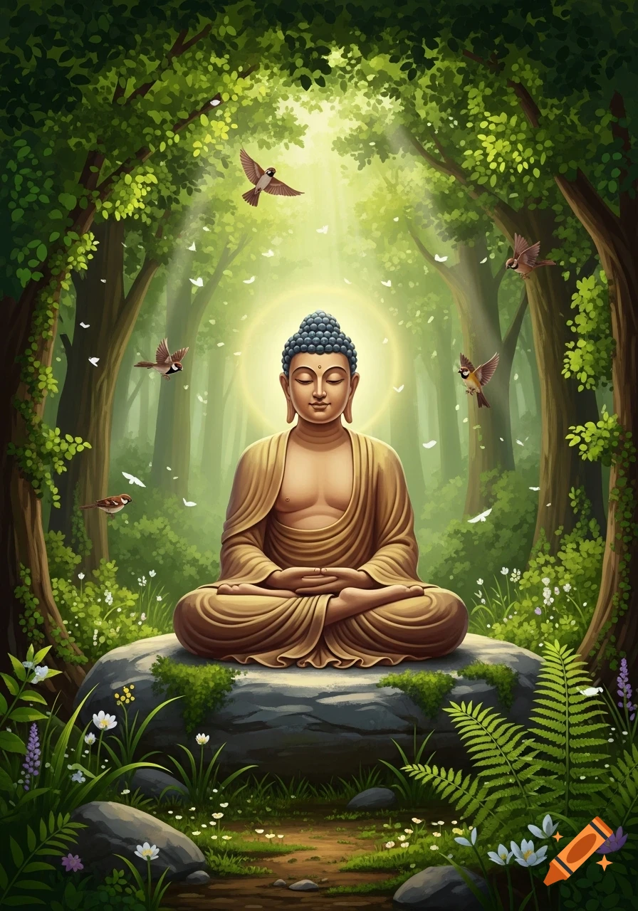 Buddha meditates peacefully in a lotus pose on a rock in a lush green forest with flying birds and a glowing light.