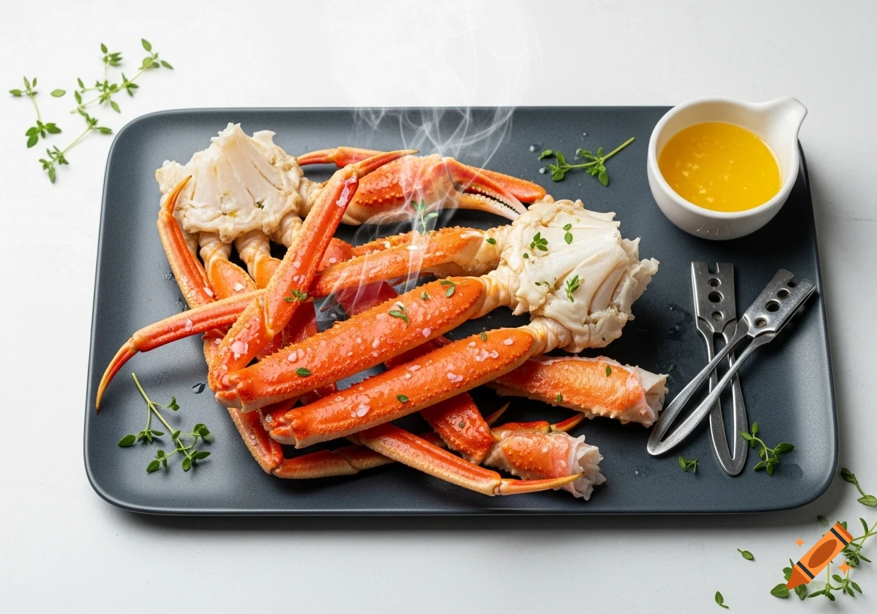 Steaming snow crab legs and claws on a dark grey plate, garnished with fresh herbs and coarse salt, served with melted butter.
