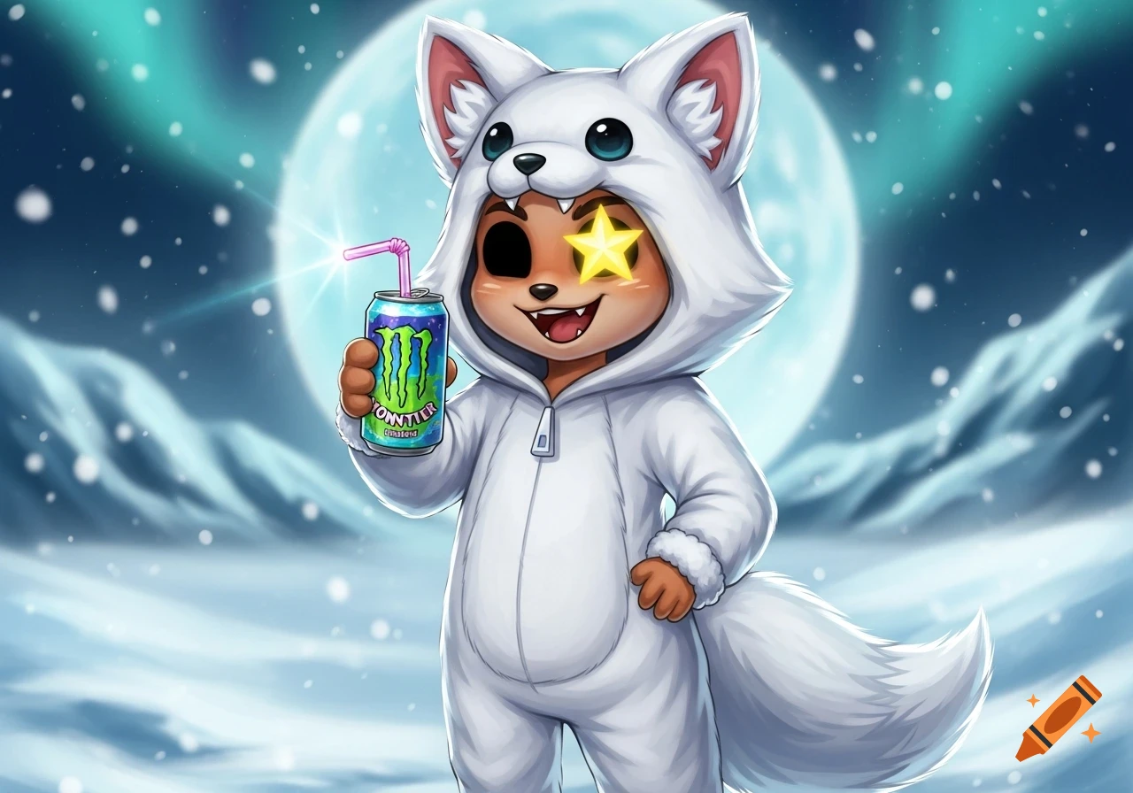 A cute cartoon character in a white arctic fox onesie holds a green Monster energy drink can with a pink straw. A yellow star sparkles over its right eye. The character stands in a snowy landscape under a full moon with aurora lights.