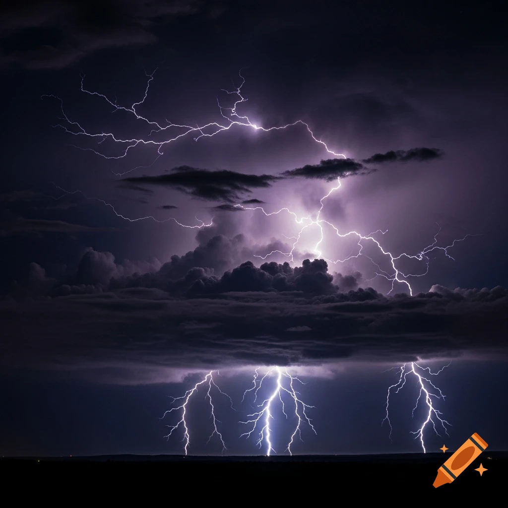 A dramatic night sky with dark clouds and numerous bright lightning bolts striking the ground.