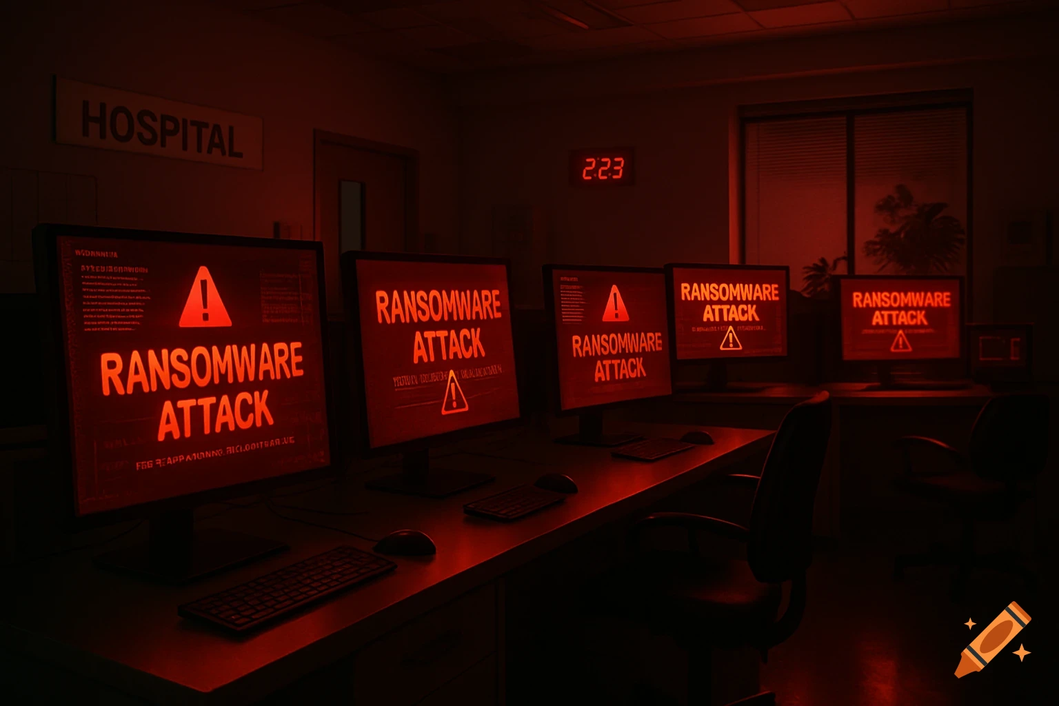 Dark hospital room with multiple computer screens displaying large red 'RANSOMWARE ATTACK' warnings and a digital clock showing 2:23.