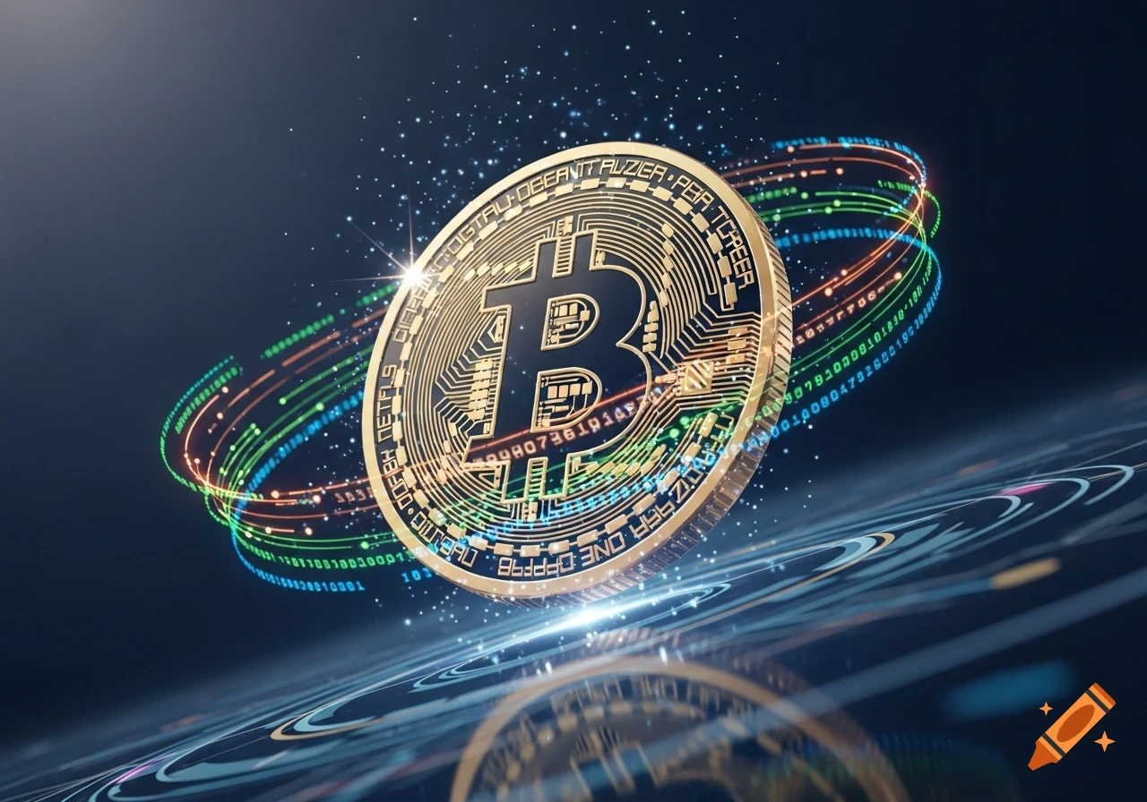 A sparkling golden Bitcoin-like coin with circuit patterns and colorful digital data streams on a dark, reflective surface.