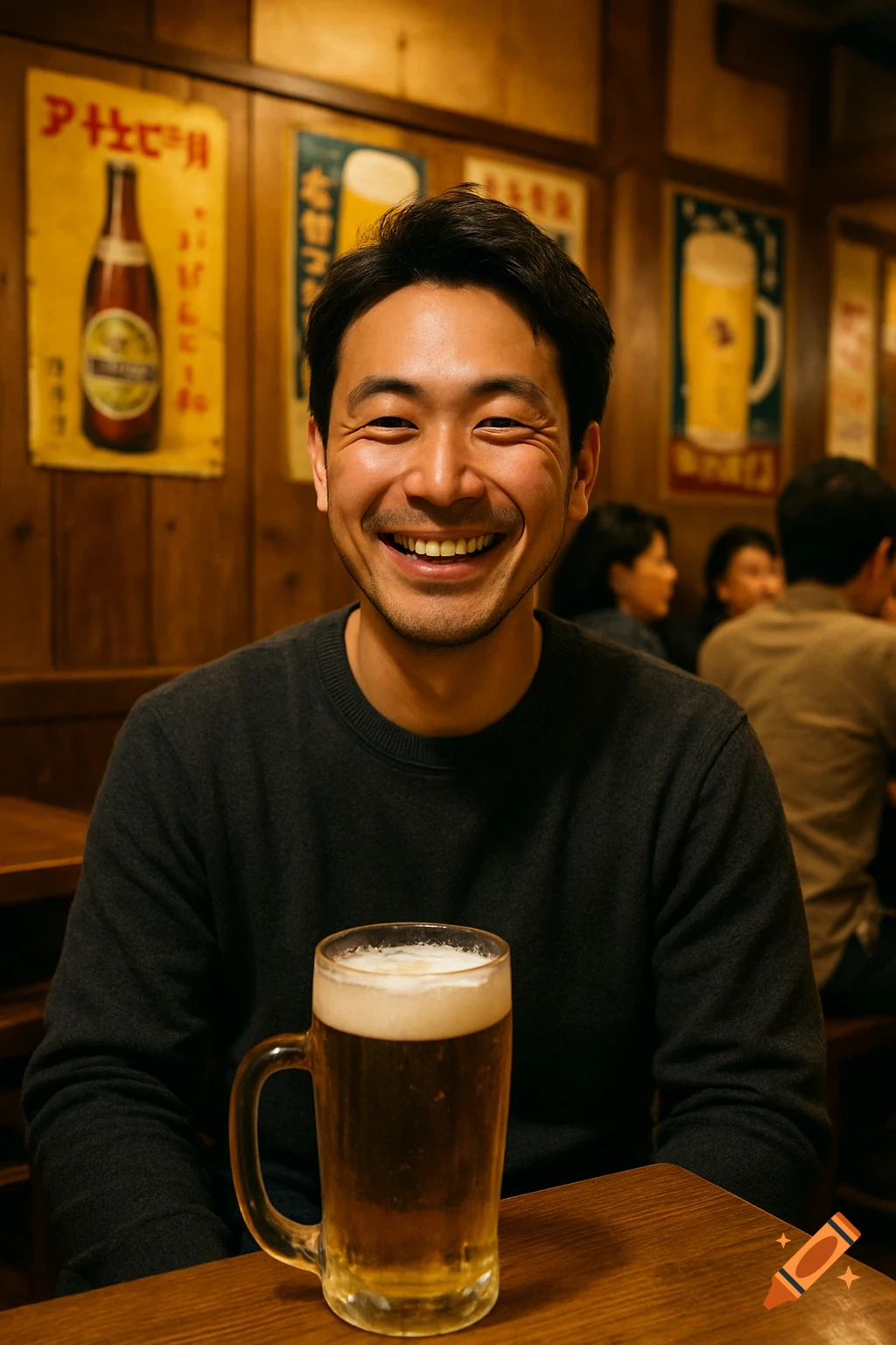 Smiling Japanese man with a beer mug at a wooden table in a lively izakaya with beer posters.