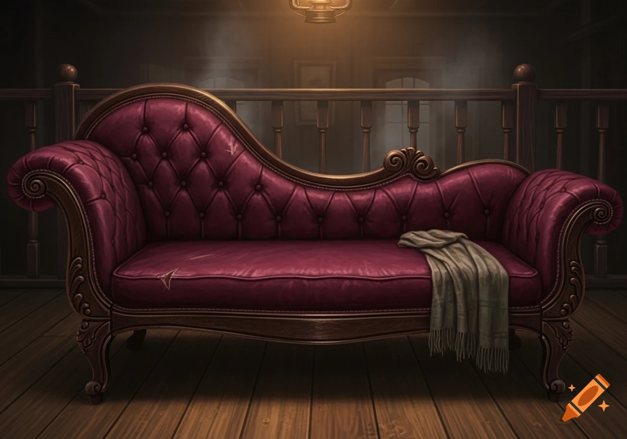 A painting of a worn, burgundy Victorian chaise lounge in a dimly lit, smoky old Western saloon setting with wooden floors and railings.