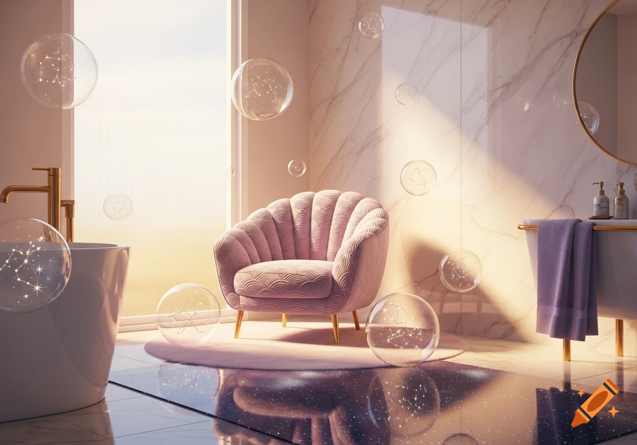 A dreamy bathroom with a pink armchair, white tub, gold fixtures, marble walls, and floating starry bubbles reflecting on the floor.