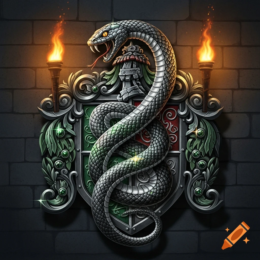 A detailed metallic green and silver snake coiled around an ornate green and silver emblem, flanked by two flaming torches against a brick wall.
