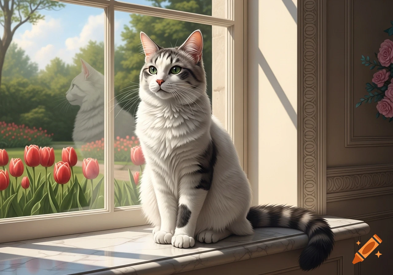 A fluffy white cat with gray stripes and green eyes sits on a marble windowsill, looking out at a sunny garden with red tulips.