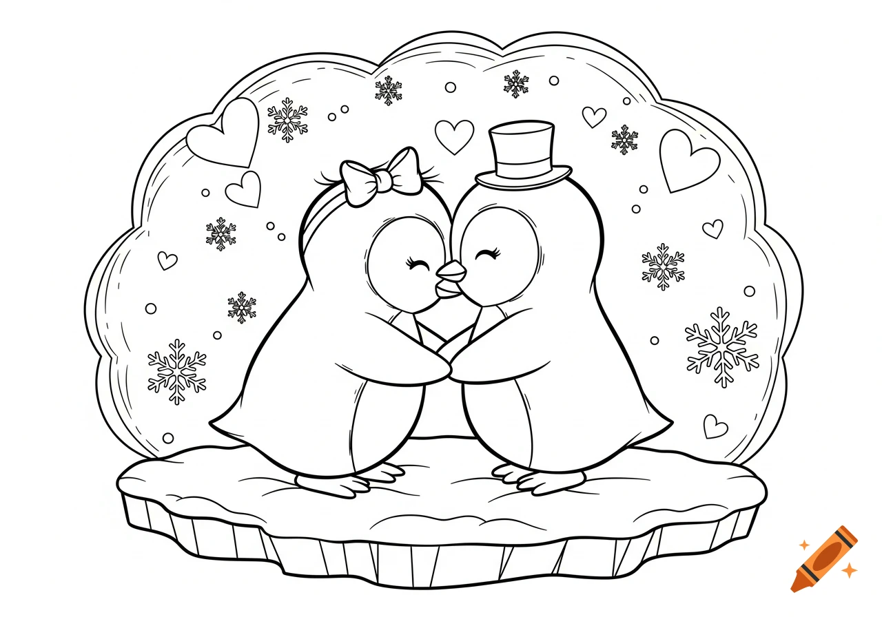 Black and white coloring page of two cartoon penguins, one with a bow and one with a top hat, kissing on an ice floe surrounded by hearts and snowflakes.
