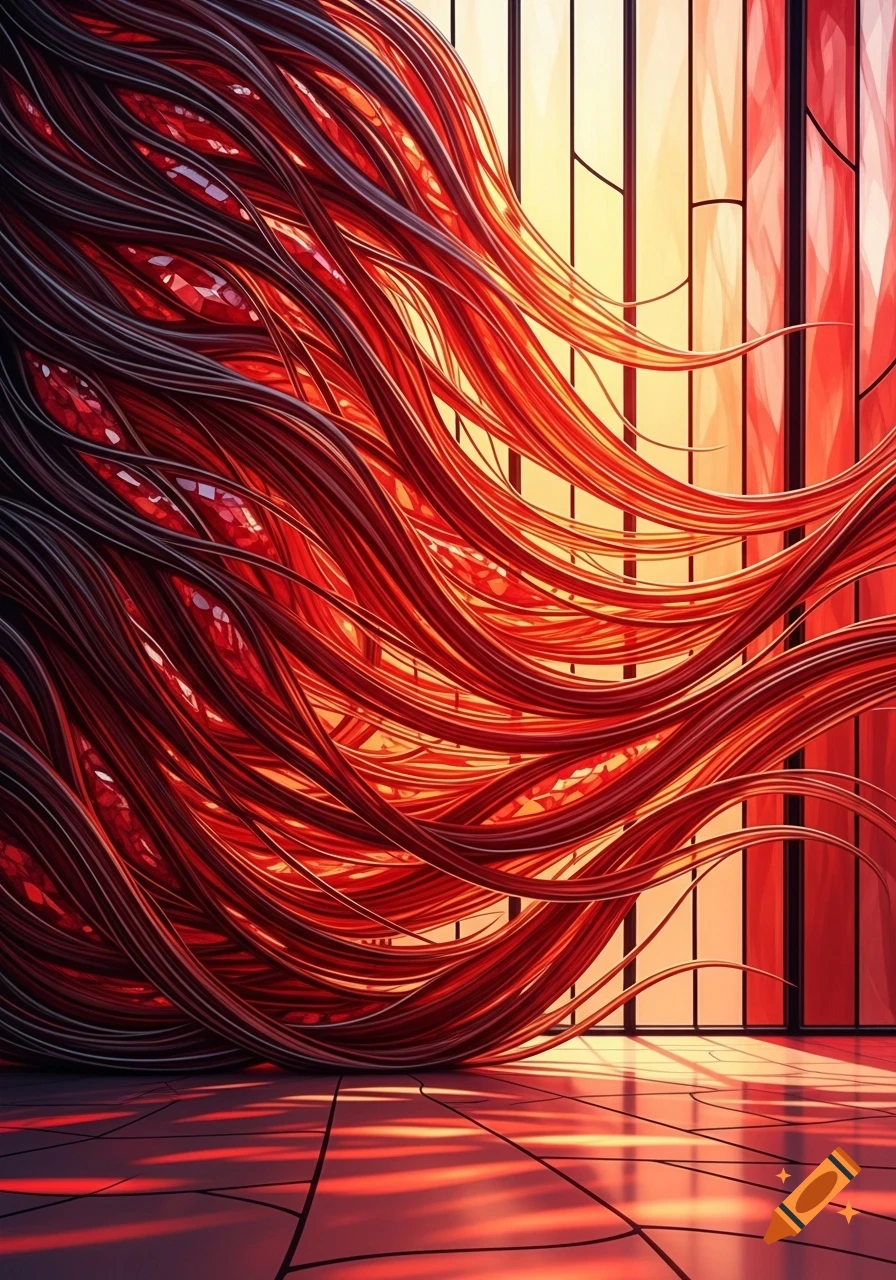Abstract digital art of flowing red and dark strands resembling hair or cables, against a backdrop of glowing red and yellow stained glass panels.