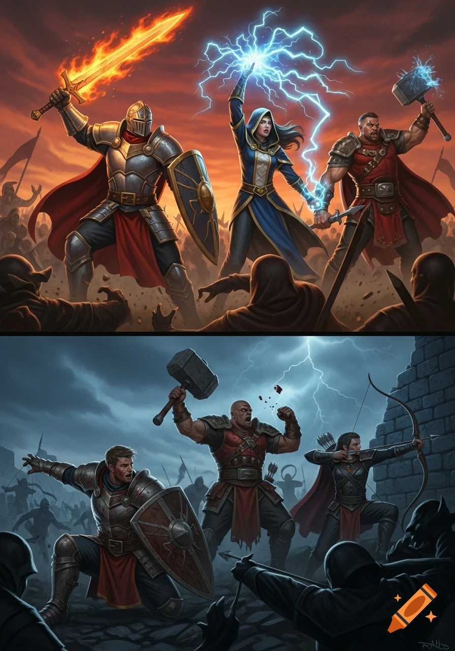 Two fantasy illustrations. The top shows a knight, a mage, and a warrior triumphing over their foes. The bottom depicts a knight, warrior, and archer fighting defensively amidst enemies.